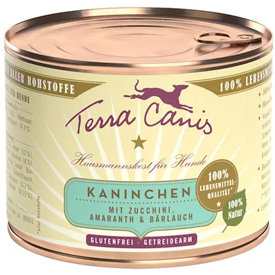 Terra Canis Hausmannskost für Hunde, Kaninchen mit Zucchini, Amaranth & Bärlauch. 100% Lebensmittel-Qualität, 100% Natur, glutenfrei, getreidearm. Tekst på tysk.