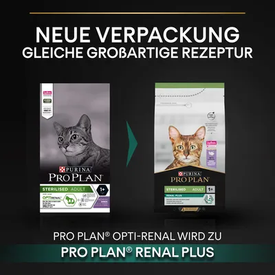 Neue Verpackung, gleiche grossartige Rezeptur. Purina Pro Plan Opti-Renal wird zu Purina Pro Plan Renal Plus für sterilisierte Katzen ab 1 Jahr.