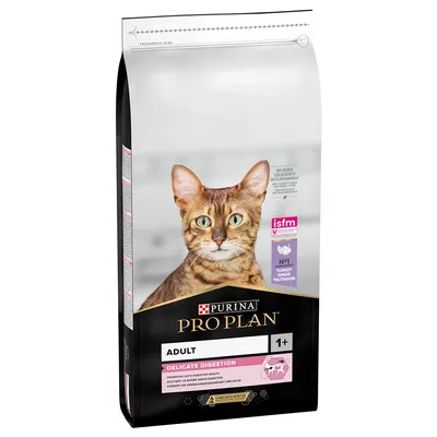 Purina Pro Plan Adult 1+ Delicate Digestion mit Truthahn. Fördert die Verdauungsgesundheit von Katzen. Keine zugesetzten Farbstoffe oder Aromen. ISFM zertifiziert.