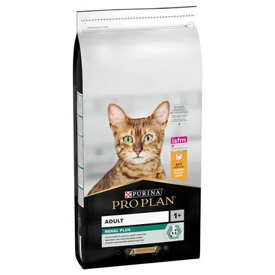 Purina Pro Plan Adult Renal Plus kattenvoer, 1+, afbeelding van kat op verpakking, zichtbaar: isfm-logo en claim 'No1 aanbevolen door dierenartsen'