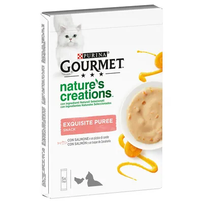 Purina Gourmet Nature's Creations Exquisite Puree Snack mit Lachs und Karotte, 5x10g Portionsbeutel. Für Katzen geeignet.