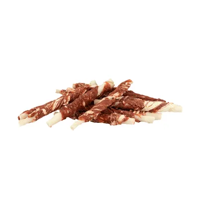 Several chew snacks made of white material, wrapped with a brown meat strip. Visible structure and colour of the snacks.