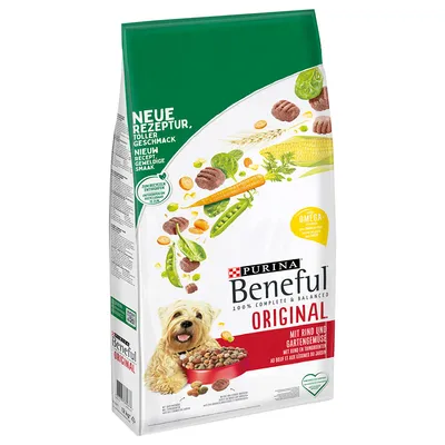 Purina Beneful Original, 100% Complete & Balanced, mit Rind und Gartengemüse. Neue Rezeptur, toller Geschmack. Omega-Fettsäuren für gesunde Haut und Fell. Packungsgrösse: 12kg.