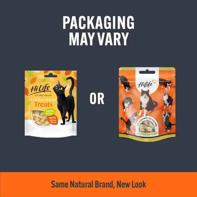Image shows two different HiLife chicken treats packages with text: 'Packaging may vary. Same natural brand, new look.'