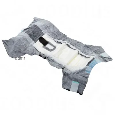 Absorbent disposable nappy with elasticated sides, adjustable tabs and a central cut-out for tail placement, shown open to display inner padding and structure.