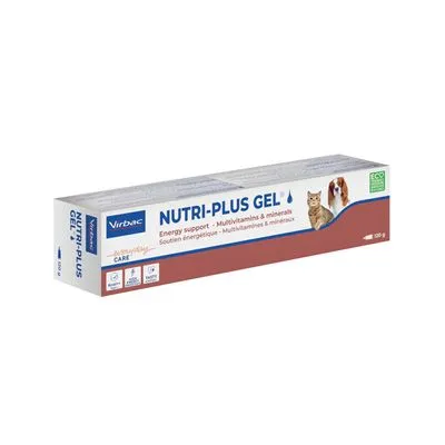 Virbac NUTRI-PLUS GEL, energy support, multivitaminen & mineralen. Afbeelding van een kat en hond op de verpakking. Tube 120 g zichtbaar.
