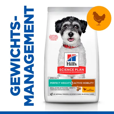 Hill's Science Plan Perfect Weight & Active Mobility voor kleine en middelgrote honden tot 10 kg, met kip. Ondersteunt gewichtsbeheer en mobiliteit. Zonder kunstmatige toevoegingen.