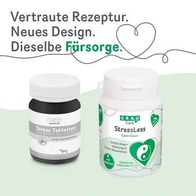 Vergleich von GRAU Stress Tabletten und GRAU Care StressLess Calm Down. Text: Vertraute Rezeptur. Neues Design. Dieselbe Fürsorge. Vergleich von GRAU Stress Tabletten und GRAU Care StressLess Calm Down. Text: Vertraute Rezeptur. Neues Design. Dieselbe Fürsorge.