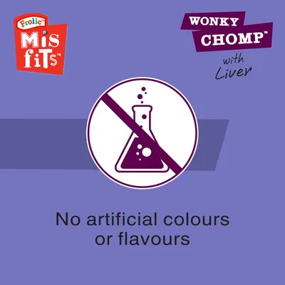 No artificial colours or flavours. Wonky Chomp with Liver. Frolic Misfits.