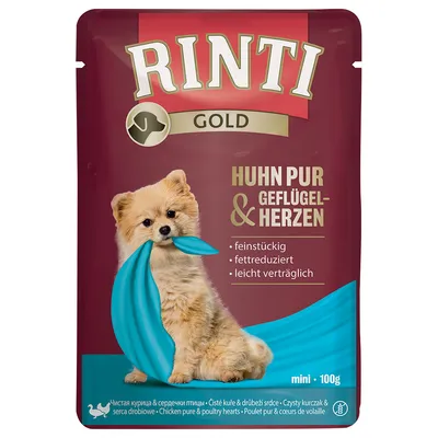 RINTI GOLD Huhn pur & Geflügelherzen, mini 100g. Čisté kuře a drůbeží srdce. feinstückig, fettreduziert, leicht verträglich.
