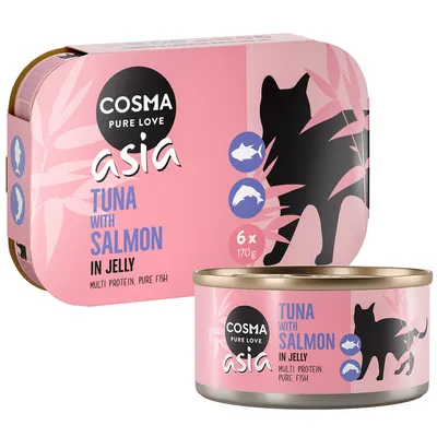 Cosma Pure Love Asia Tuna with Salmon in Jelly, multi protein pure fish, 6 x 170 g. Roze verpakking met zwarte kat en visiconen zichtbaar.