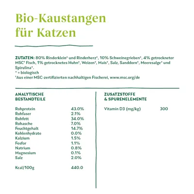 Био-жевательные палочки для кошек. Состав: говяжьи обрезки, свиные шкварки, MSC рыба, спирулина. Аналитические компоненты: сырой белок 43%, жир 34%. Добавки: витамин D3 300 мг/кг.