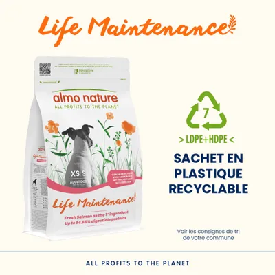 almo nature Life Maintenance Chien Adulte XS S au saumon frais, jusqu'à 94,65 % de protéines digestibles. Emballage plastique recyclable LDPE+HDPE. almo nature Life Maintenance Chien Adulte XS S au saumon frais, jusqu'à 94,65 % de protéines digestibles. Emballage plastique recyclable LDPE+HDPE.