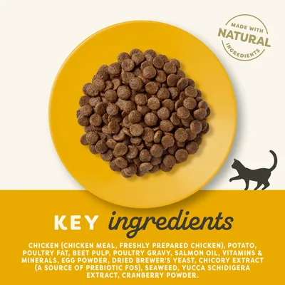 Kluczowe składniki: chicken, potato, poultry fat, beet pulp, poultry gravy, salmon oil, vitamins & minerals, egg powder, dried brewer's yeast, chicory extract, seaweed, yucca, cranberry powder.