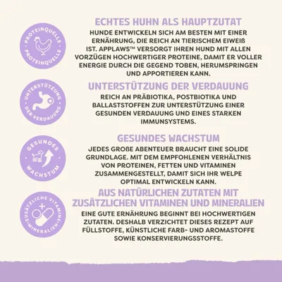 Echtes Huhn als Hauptzutat, Unterstützung der Verdauung, gesundes Wachstum, aus natürlichen Zutaten mit zusätzlichen Vitaminen und Mineralien. Details zu Vorteilen und Zusammensetzung. Echtes Huhn als Hauptzutat, Unterstützung der Verdauung, gesundes Wachstum, aus natürlichen Zutaten mit zusätzlichen Vitaminen und Mineralien. Details zu Vorteilen und Zusammensetzung.