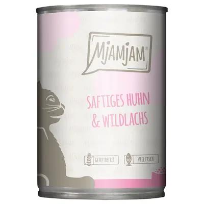 MjAMjAM Nassfutter für Katzen, Sorte: Saftiges Huhn & Wildlachs, getreidefrei, viel Fisch.