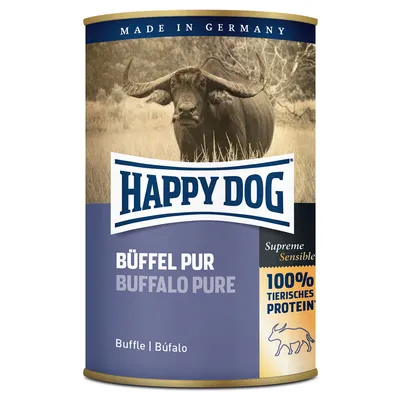 Scatola Happy Dog BÜFFEL PUR Buffalo Pure, Supreme Sensible, 100% tierisches Protein, Made in Germany. Immagine di un bufalo sulla confezione.
