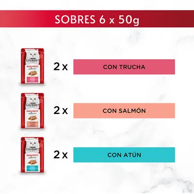Pack de 6 sobres Gourmet Mon Petit Intense 50 g: 2 con trucha, 2 con salmón, 2 con atún. Texto visible: SOBRES 6 x 50g, CON TRUCHA, CON SALMÓN, CON ATÚN.