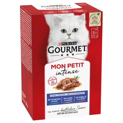 Purina Gourmet Mon Petit Intense, fina strimlor med tonfisk, lax och forell i sås. Förpackning innehåller 6x50g. Återvinningsbar.