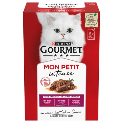 Purina Gourmet Mon Petit Intense. Tunna strimlor med nötkött, kalv och lamm i sås. Förpackningen innehåller 6x50g portionspåsar. Avsedd för återvinning.