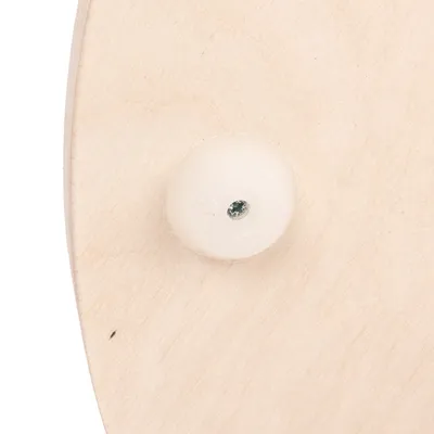 Primer plano de un tornillo de plástico blanco sobre madera clara, muestra el detalle de fijación de un producto.