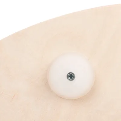 Primer plano de un tornillo de plástico blanco sobre madera clara, muestra el detalle de fijación de un producto.