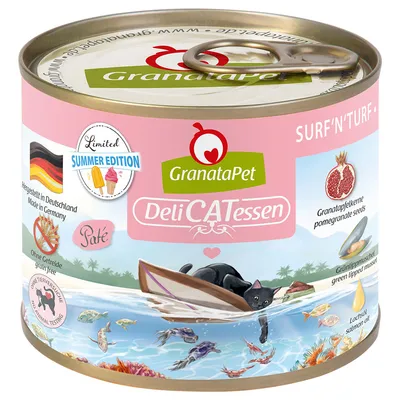 GranataPet DeliCATessen Surf'n'Turf, edizione limitata Summer Edition, senza cereali, senza test sugli animali, paté, con semi di melagrana, cozza verde, olio di salmone. Prodotto in Germania.