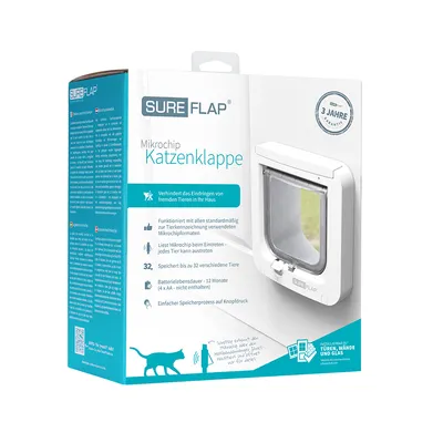 SureFlap Mikrochip Katzenklappe. Verhindert das Eindringen von fremden Tieren. Speichert bis zu 32 Tiere. Batterielebensdauer 12 Monate. Installierbar in Türen, Wände und Glas.