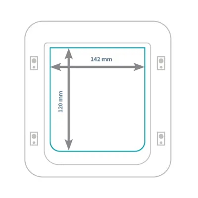 Diagramm mit Abmessungen einer Katzenklappe: Breite 142 mm, Höhe 120 mm.
