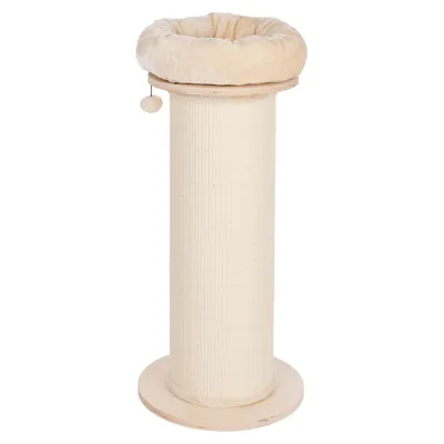 Rascador de madera clara con sisal beige y superficie acolchada para descansar en la parte superior, incluye pelota colgante para jugar.