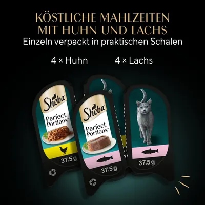 Sheba Perfect Portions, köstliche Mahlzeiten mit Huhn und Lachs. Einzeln verpackt in praktischen Schalen, 4× Huhn, 4× Lachs, je 37,5g.