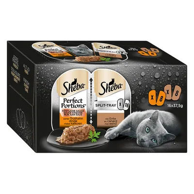 Emballage Sheba Perfect Portions Split-Tray, 16 x 37,5 g, dinde et canard, visuel de pâtée en sauce et chat gris allongé. Indication : 8 barquettes dinde, 8 barquettes canard.