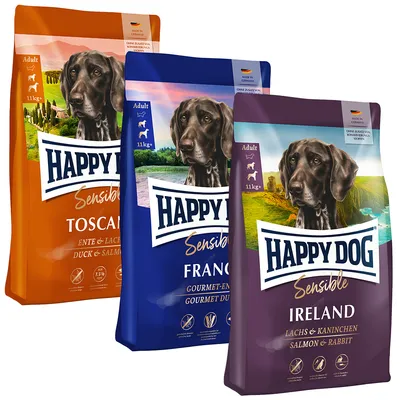 Happy Dog Sensible Trockenfutter für Erwachsene, Sorten Toscana (Ente & Lachs), France (Gourmet-Ente) und Ireland (Lachs & Kaninchen), jeweils 11kg. Ohne Konservierungsstoffe, Made in Germany.