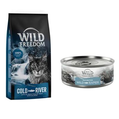Wild Freedom Cold River dry food 6.5 kg bag with cat image, 100% grain-free recipe, and Wild Freedom Instinctive Wild Rapids wet food tin shown side by side.