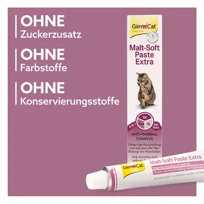 GimCat Malt-Soft Paste Extra, Anti-Hairball Complex. Ohne Zuckerzusatz, ohne Farbstoffe, ohne Konservierungsstoffe. Fördert die Ausscheidung und reduziert Haarballenbildung.