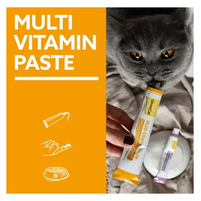 GimCat Multi-Vitamin Paste für Katzen. Anwendung: Direkt aus der Tube, auf die Hand oder ins Futter geben.