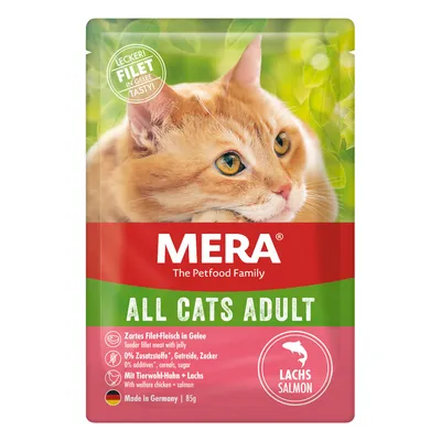 MERA All Cats Adult, filete tierno en gelatina con pollo de bienestar animal y salmón, 0% aditivos, cereales, azúcar. Made in Germany, 85g.