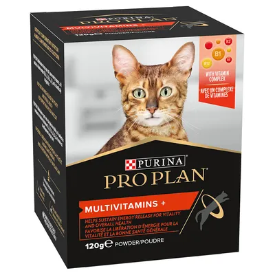 Кутия Purina Pro Plan Multivitamins+ за котки, 120 г прах. Видими надписи: With vitamin complex, B1, B2, B5, B12. Снимка на котка отпред на опаковката.
