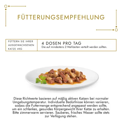 Fütterungsempfehlung: 4 Dosen pro Tag für ausgewachsene Katze 4kg, verteilt auf mindestens 2 Mahlzeiten. Zimmerwarm servieren, frisches Wasser stets bereitstellen.