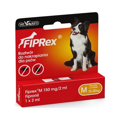 Fiprex roztwór do nakrapiania dla psów, Fipronil 150 mg/2 ml, 1 x 2 ml, na psa o masie 10–20 kg, opakowanie z psem i ikonami kleszcza oraz pchły