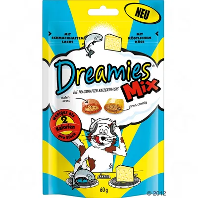 Dreamies Mix лакомства для кошек, вкус лосось и сыр, менее 2 калорий на штуку, 60 г. Текст на упаковке на немецком языке.