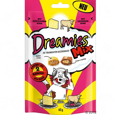 Упаковка Dreamies Mix для кошек, 60 г. Видны изображения сыра и коровы, надписи: «Mit köstlichem Käse», «Mit leckerem Rind», «Weniger als 2 Kalorien pro Stück».
