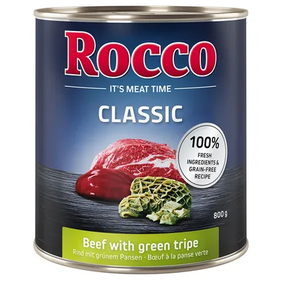 Rocco Classic Rind mit grünem Pansen, 800g Dose. 100% frische Zutaten und getreidefreie Rezeptur.