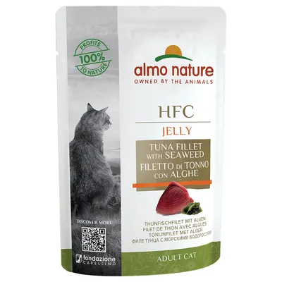 Pachet almo nature HFC Jelly pentru pisici adulte, file de ton cu alge. Text vizibil: 'Profits 100% to nature', 'Owned by the animals', imagine pisică și cod QR.