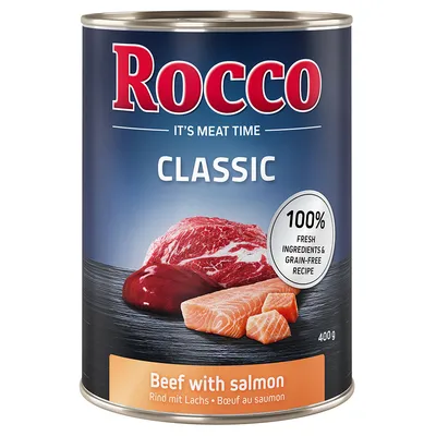 Rocco Classic marhahús lazaccal, 400g konzerv. 100% friss összetevők, gabonamentes receptúra. Marha lazaccal.