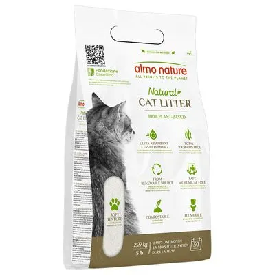 almo nature Natural Cat Litter, 100% plant-based, ultra absorbent, geurcontrole, composteerbaar, veilig en chemievrij, zachte textuur, 2,27 kg, afbeelding van kat op verpakking