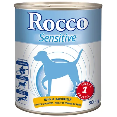 Rocco Sensitive hondenvoer, 800 g blik. Huhn & Kartoffeln, single protein. Getreidefrei, hypoallergeen, kracht & energie. Tekst in Duits, Engels en Frans zichtbaar op verpakking.