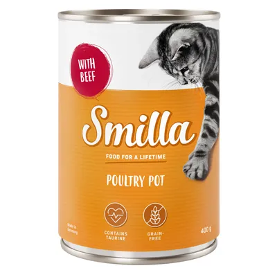 Smilla Poultry Pot marhával, taurinnal, gabonamentes, 400g. Németországban készült. Teljes értékű eledel.