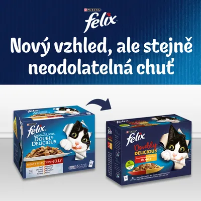 Purina felix. Nový vzhled, ale stejně neodolatelná chuť. Dvě balení Felix Doubly Delicious v želé s různým designem obalu a šipkou mezi nimi.