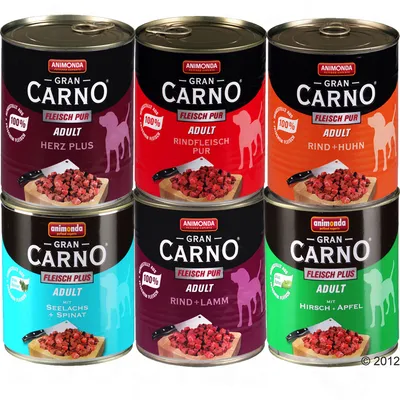 Шест консерви Animonda Gran Carno Adult с различни вкусове: Herz Plus, Rindfleisch Pur, Rind+Huhn, Seelachs+Spinat, Rind+Lamm, Hirsch+Apfel. Видими са парчета месо.